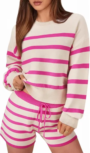 FAIRY SEASON Womens Striped Sweater Set 2 Piece Lounge Sets Matching Pajamas Long Sleeve Sweater Top and Shorts