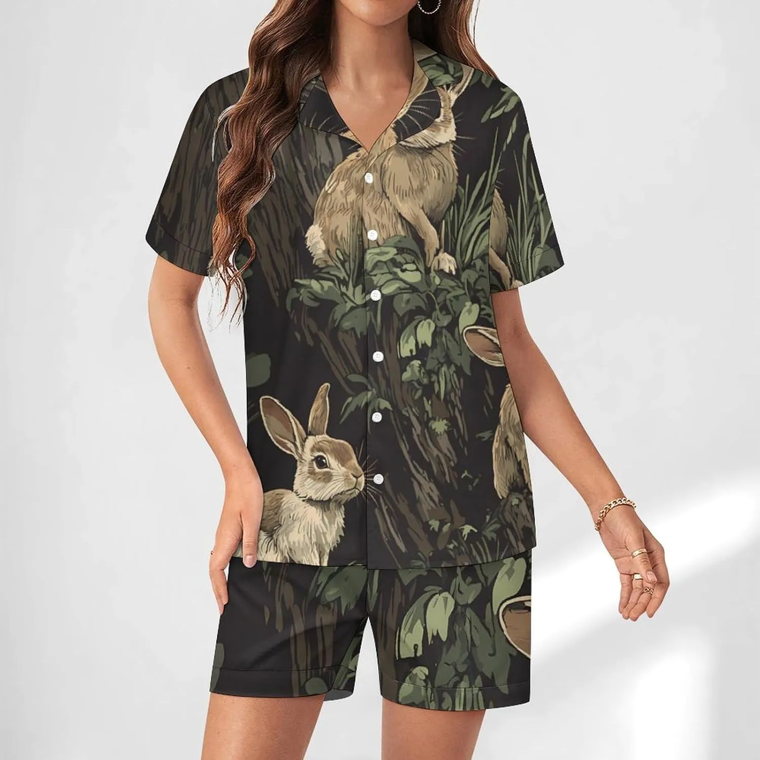 Fall Hunt Rabbits on Tree Stumps Satin Pajamas For Women Set Botton Down Short Sleeves Silk Sleepwear