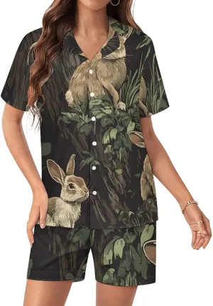 Fall Hunt Rabbits on Tree Stumps Satin Pajamas For Women Set Botton Down Short Sleeves Silk Sleepwear