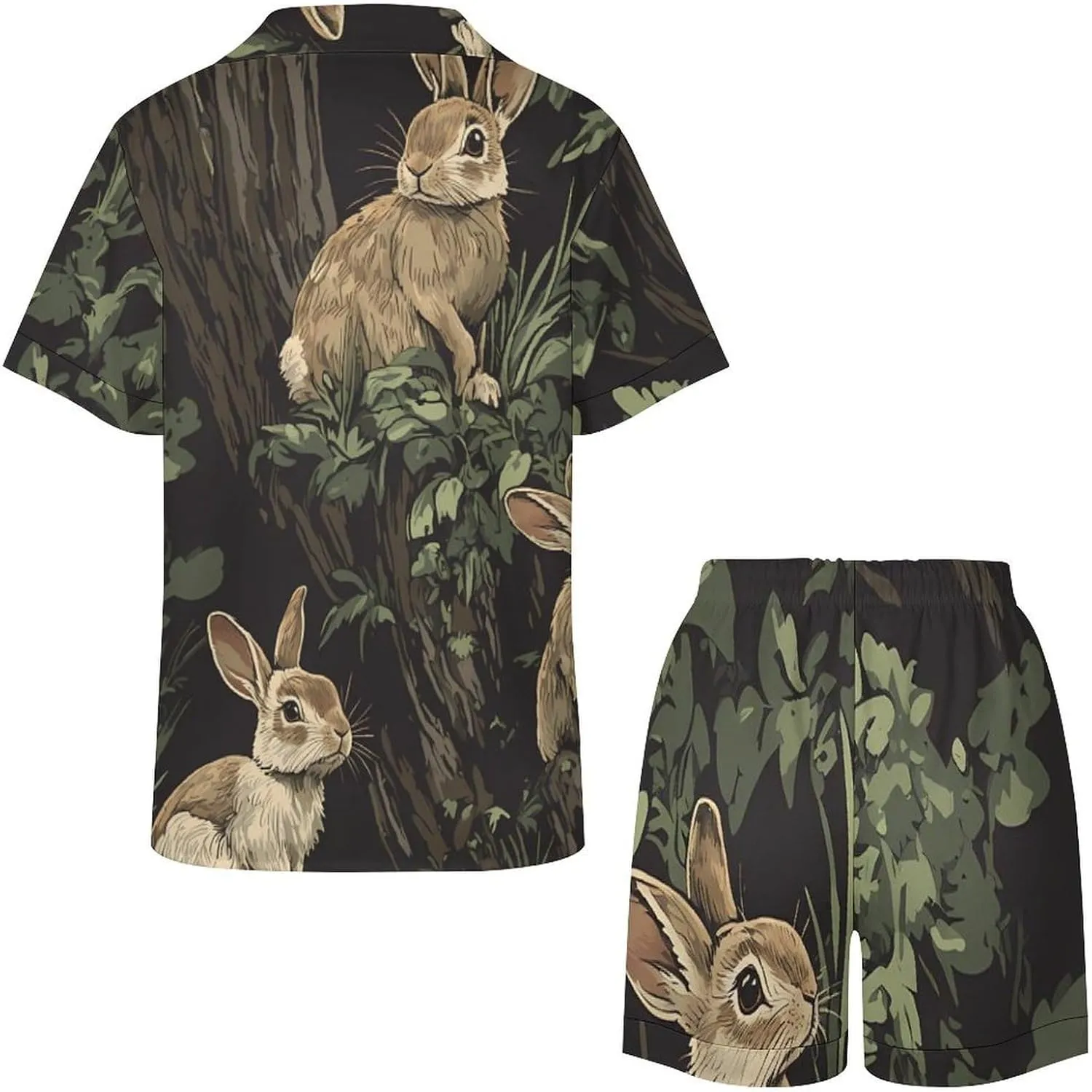 Fall Hunt Rabbits on Tree Stumps Satin Pajamas For Women Set Botton Down Short Sleeves Silk Sleepwear