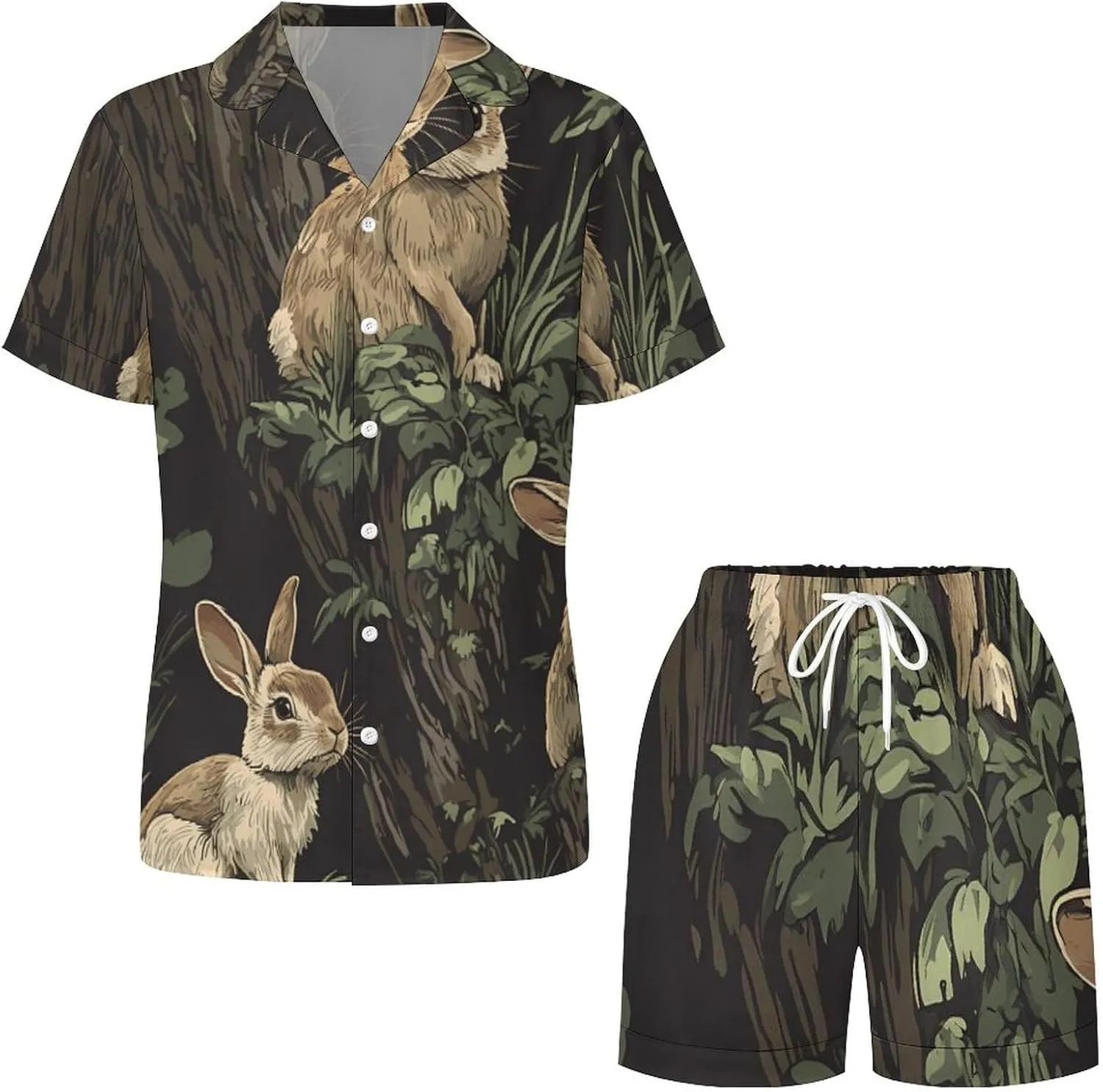 Fall Hunt Rabbits on Tree Stumps Satin Pajamas For Women Set Botton Down Short Sleeves Silk Sleepwear
