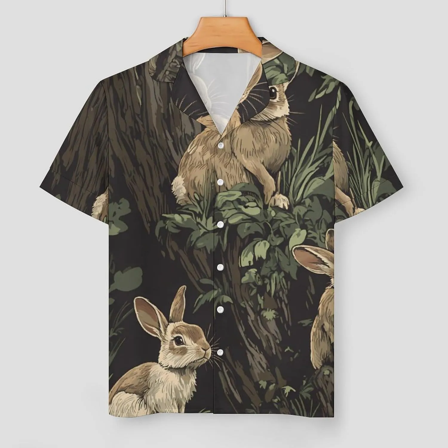 Fall Hunt Rabbits on Tree Stumps Satin Pajamas For Women Set Botton Down Short Sleeves Silk Sleepwear