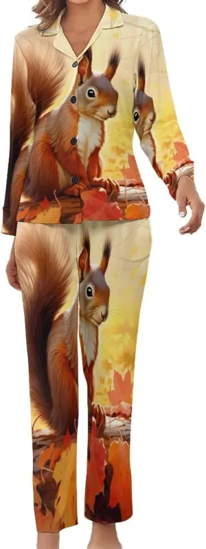 Fall Squirrel Womens Pajamas Satin PJ Set Button Down Loungewear Set 2 Piece Lounge Sets