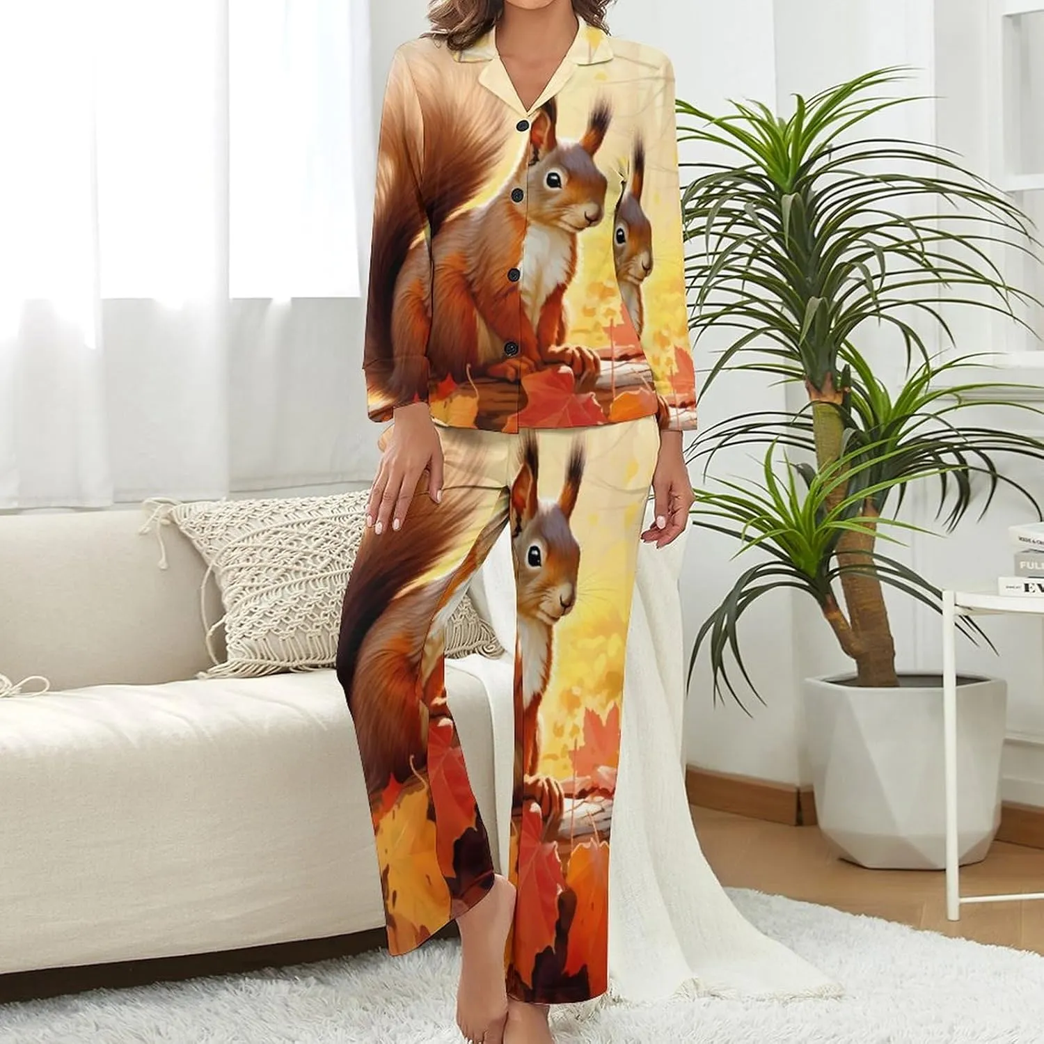 Fall Squirrel Womens Pajamas Satin PJ Set Button Down Loungewear Set 2 Piece Lounge Sets