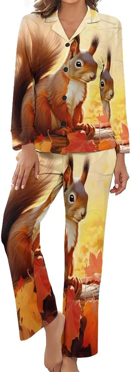 Fall Squirrel Womens Pajamas Satin PJ Set Button Down Loungewear Set 2 Piece Lounge Sets