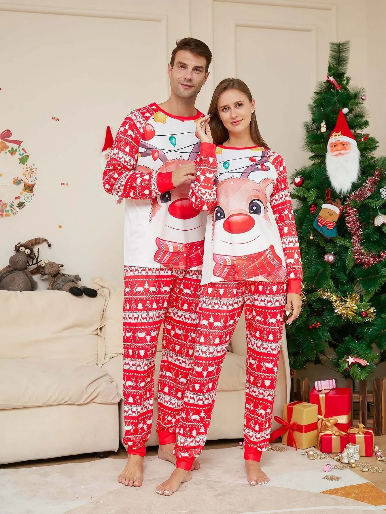 Family Matching Fawn Print Round Christmas Pajama Set