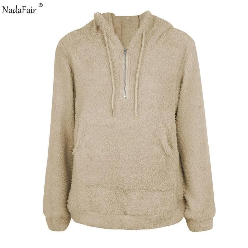 Faux Shearling Hooded Zip Casual Fleece Sweater