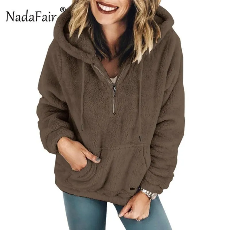 Faux Shearling Hooded Zip Casual Fleece Sweater