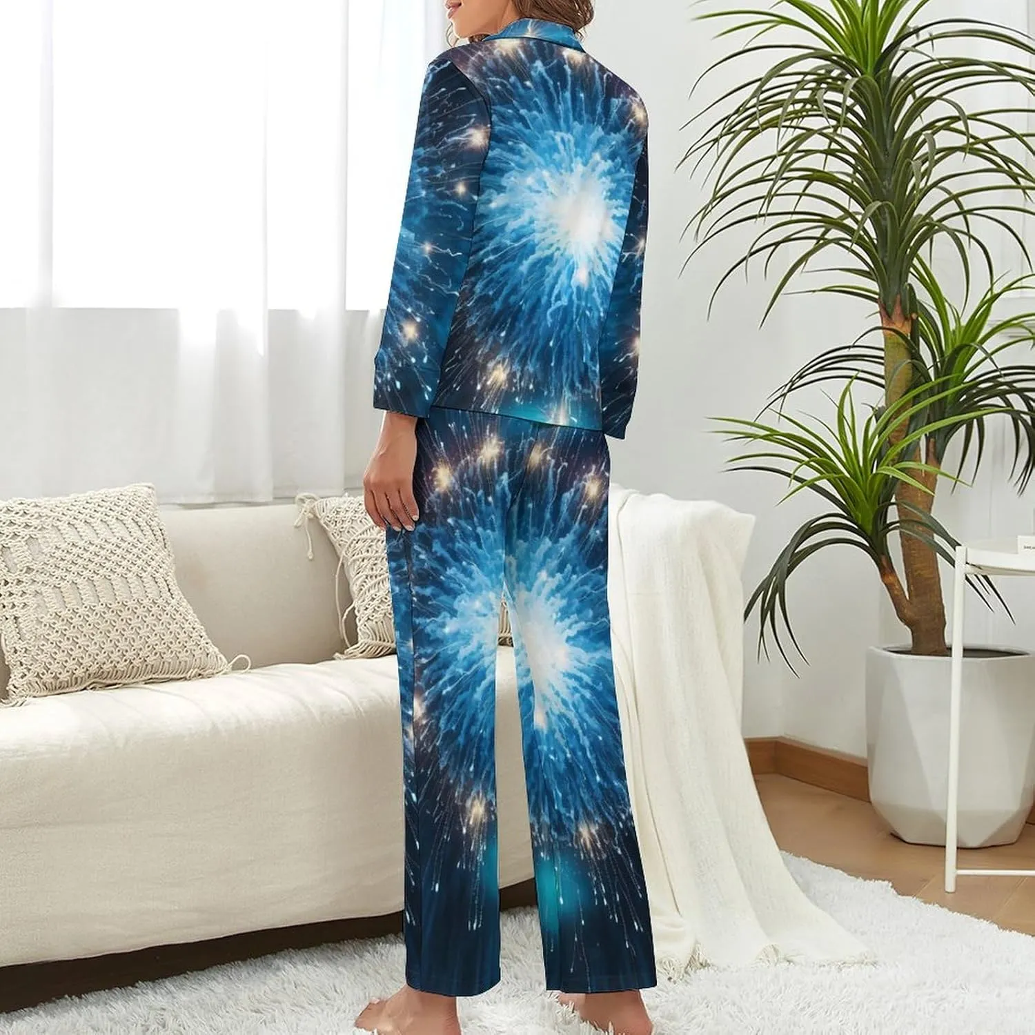 Firework Print Womens Pajamas Satin PJ Set Button Down Loungewear Set 2 Piece Lounge Sets