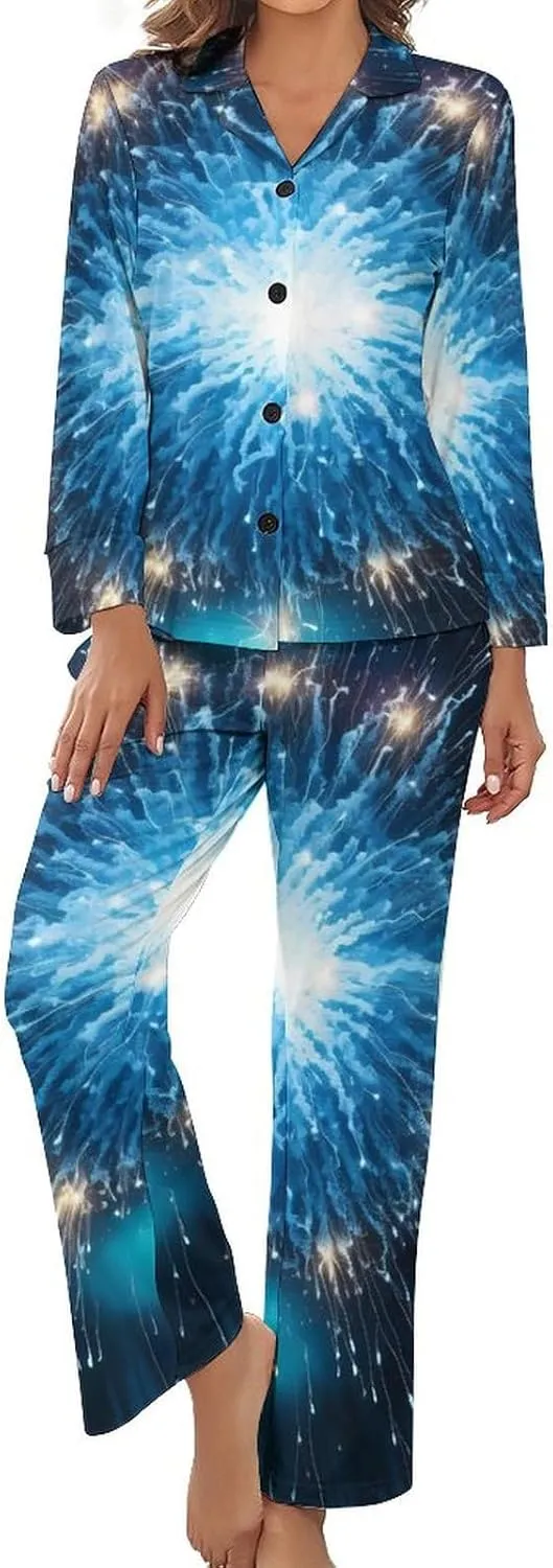 Firework Print Womens Pajamas Satin PJ Set Button Down Loungewear Set 2 Piece Lounge Sets