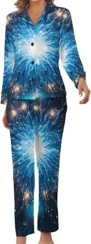Firework Print Womens Pajamas Satin PJ Set Button Down Loungewear Set 2 Piece Lounge Sets
