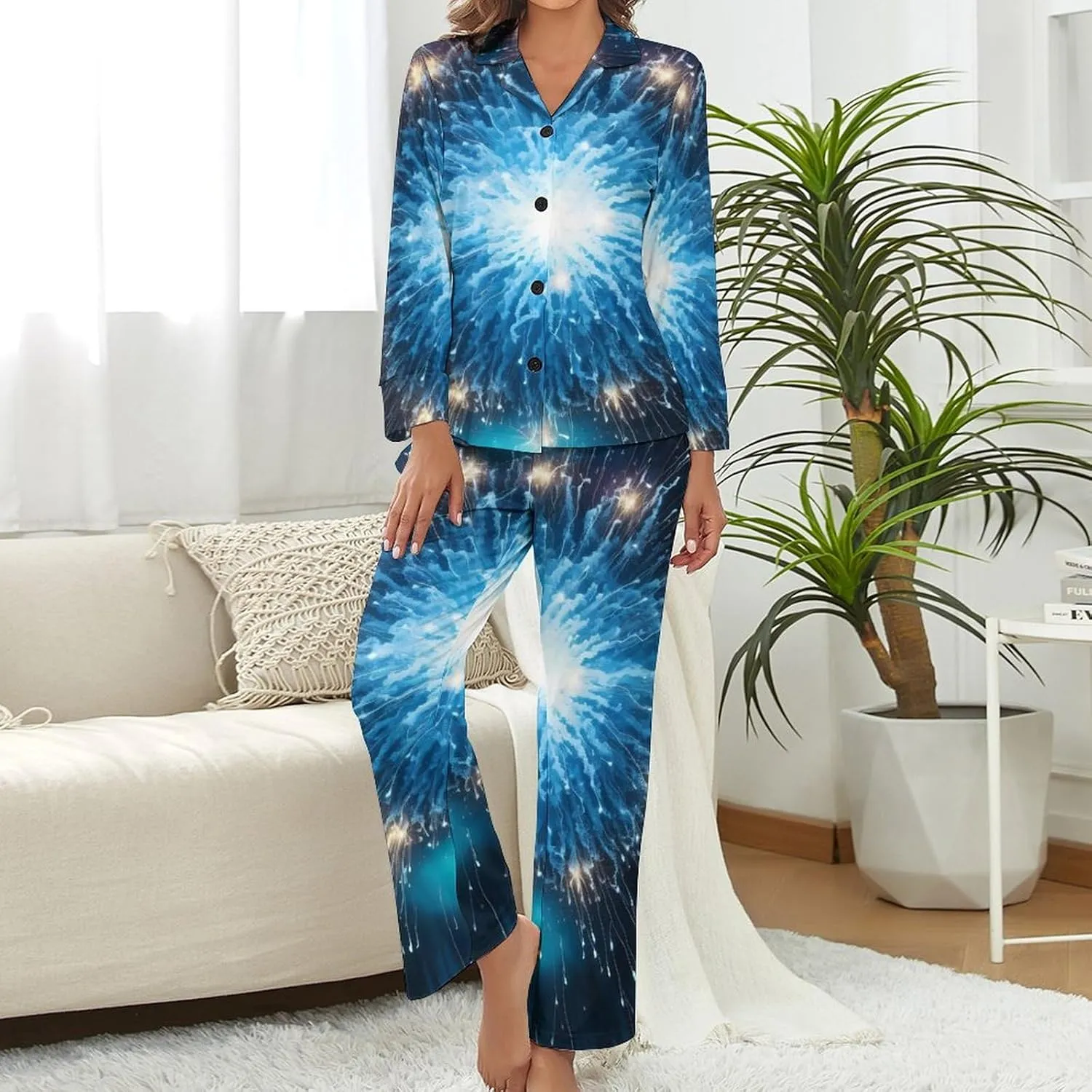 Firework Print Womens Pajamas Satin PJ Set Button Down Loungewear Set 2 Piece Lounge Sets
