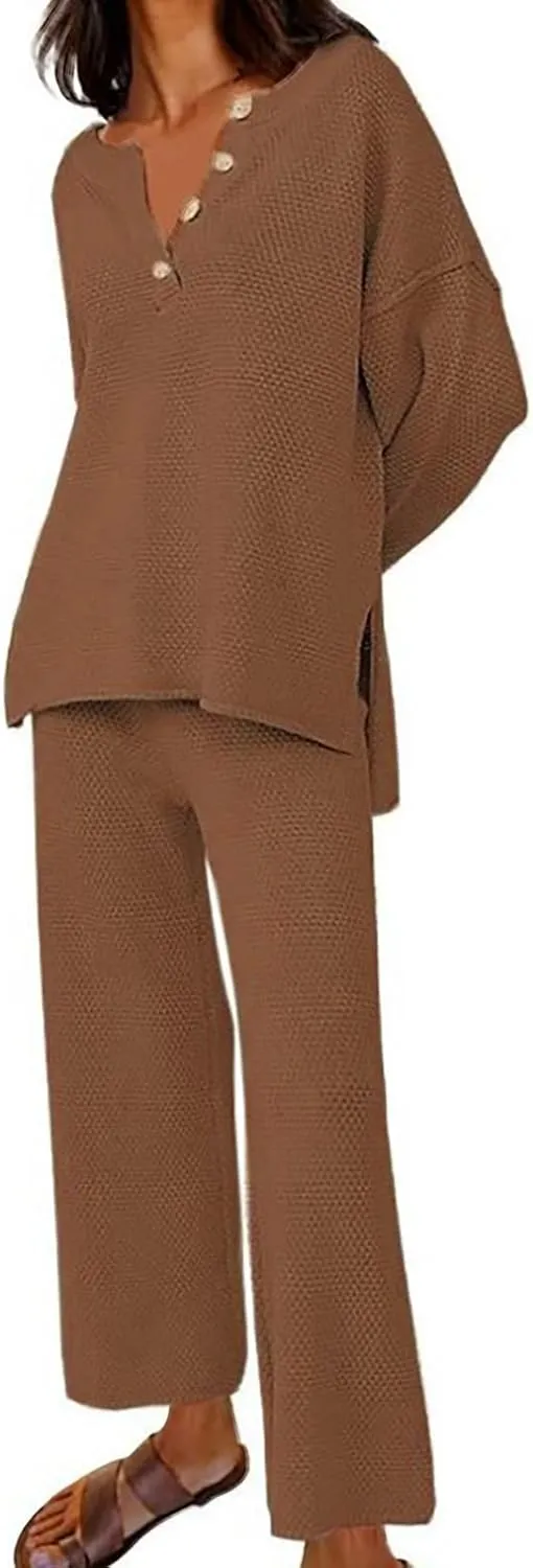 Firzero Women's Loungewear Sets Fall 2 Piece Outfits Waffle Knit Pajama Set Long Sleeve Top Wide Leg Pants Loungewear