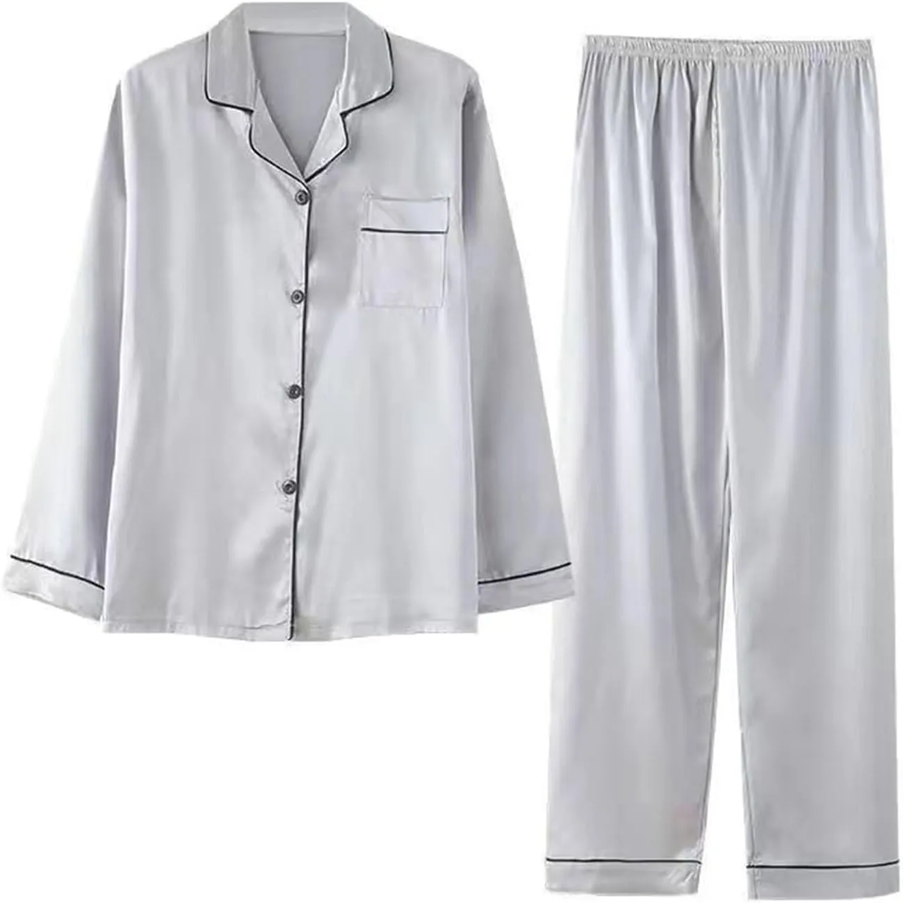 Firzero Womens Silk Pajama Sets Plus Size Elegant Long Sleeved Button Down Shirt Wide Leg Pants Set Pjs Set with Pockets