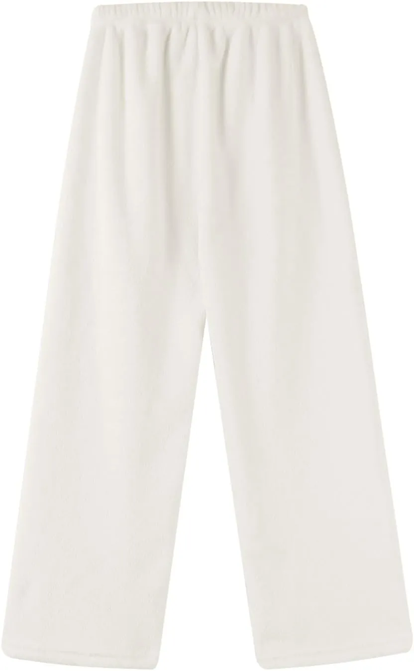 Flannel Pajama Pants Women Fuzzy Solid Color Pajamas Trousers Winter Warm Lounge Homewear Wide Leg Fleece Pj Bottoms