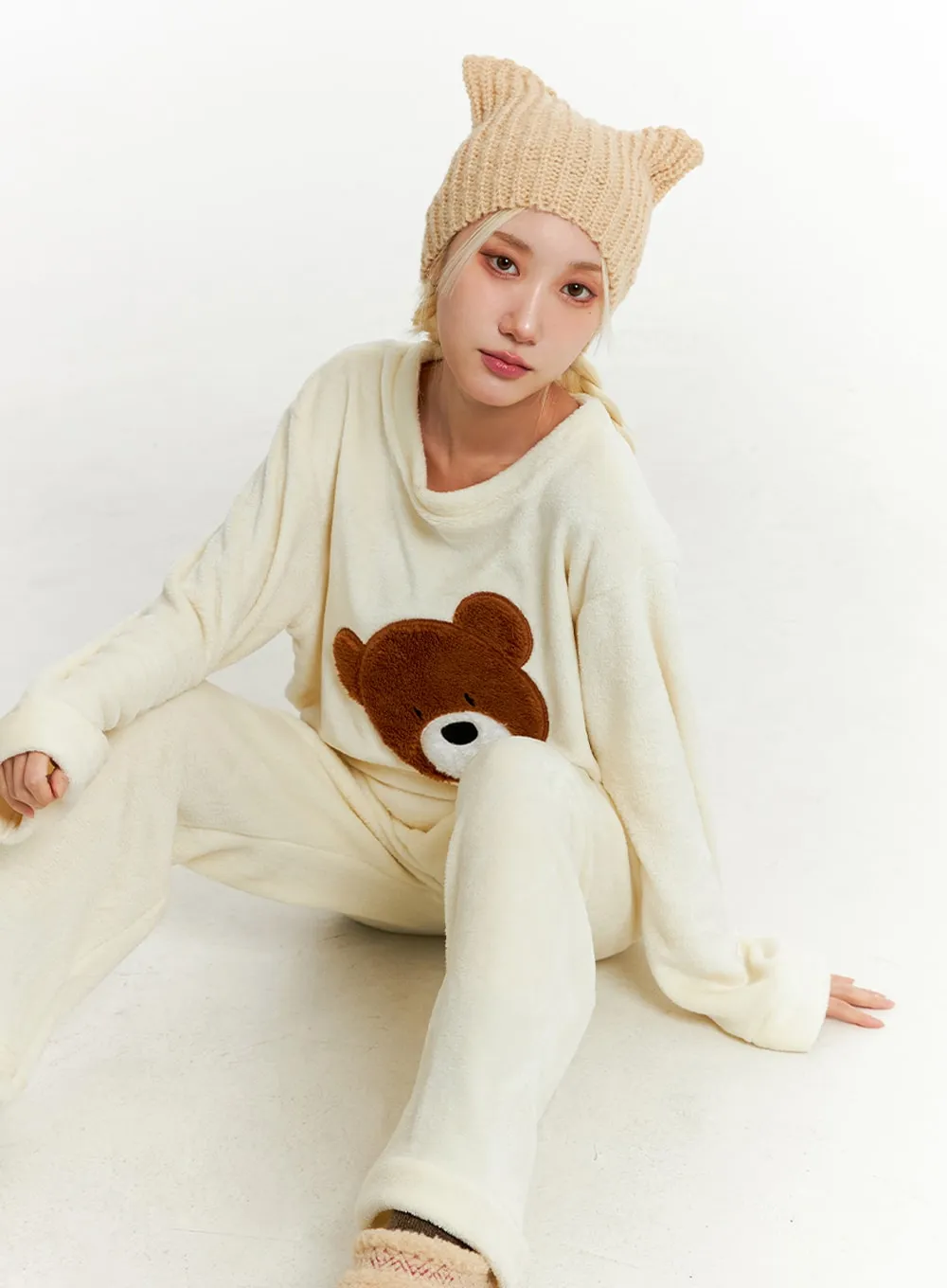 Fleece Bear Top and Elastic Trouser Loungewear Set ID313