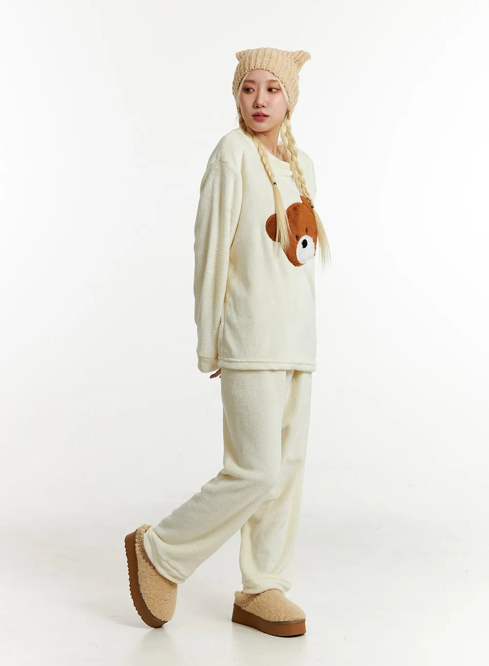 Fleece Bear Top and Elastic Trouser Loungewear Set ID313