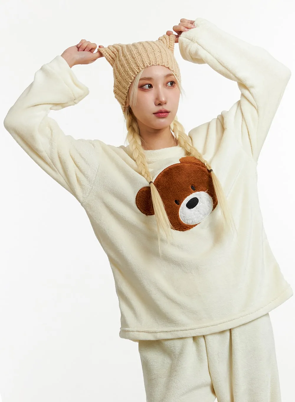 Fleece Bear Top and Elastic Trouser Loungewear Set ID313