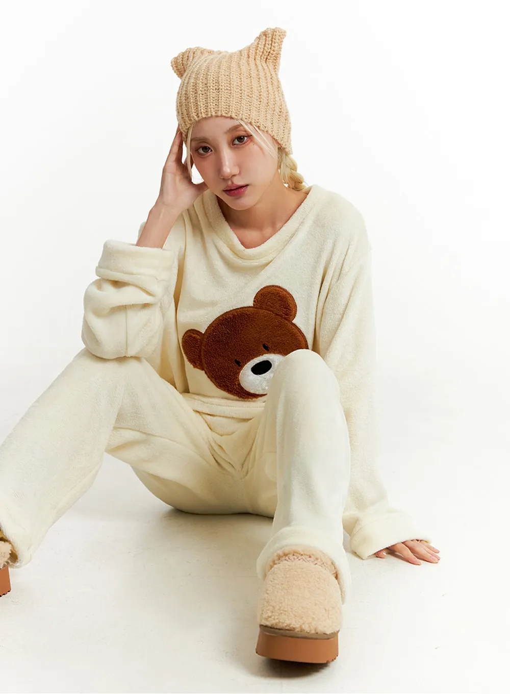 Fleece Bear Top and Elastic Trouser Loungewear Set ID313