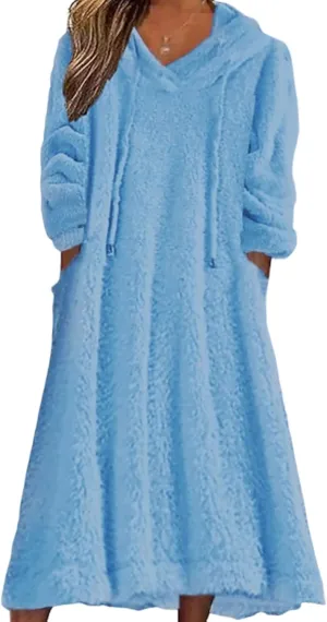 Fleece Hooded Dress for Women Plush Fuzzy Sherpa Sweatshirt Robe Fluffy Granular Oversized Nightgown Pullover Lounger
