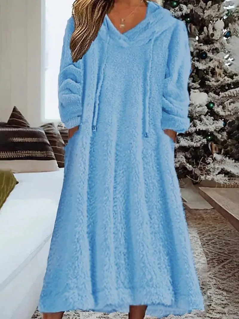 Fleece Hooded Dress for Women Plush Fuzzy Sherpa Sweatshirt Robe Fluffy Granular Oversized Nightgown Pullover Lounger