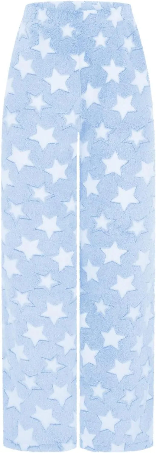 Fleece Pajama Pants for Women Teen Girls Cute Stars Graphic Trousers Winter Fuzzy Elastic Waisted Lounge Pjs Bottoms