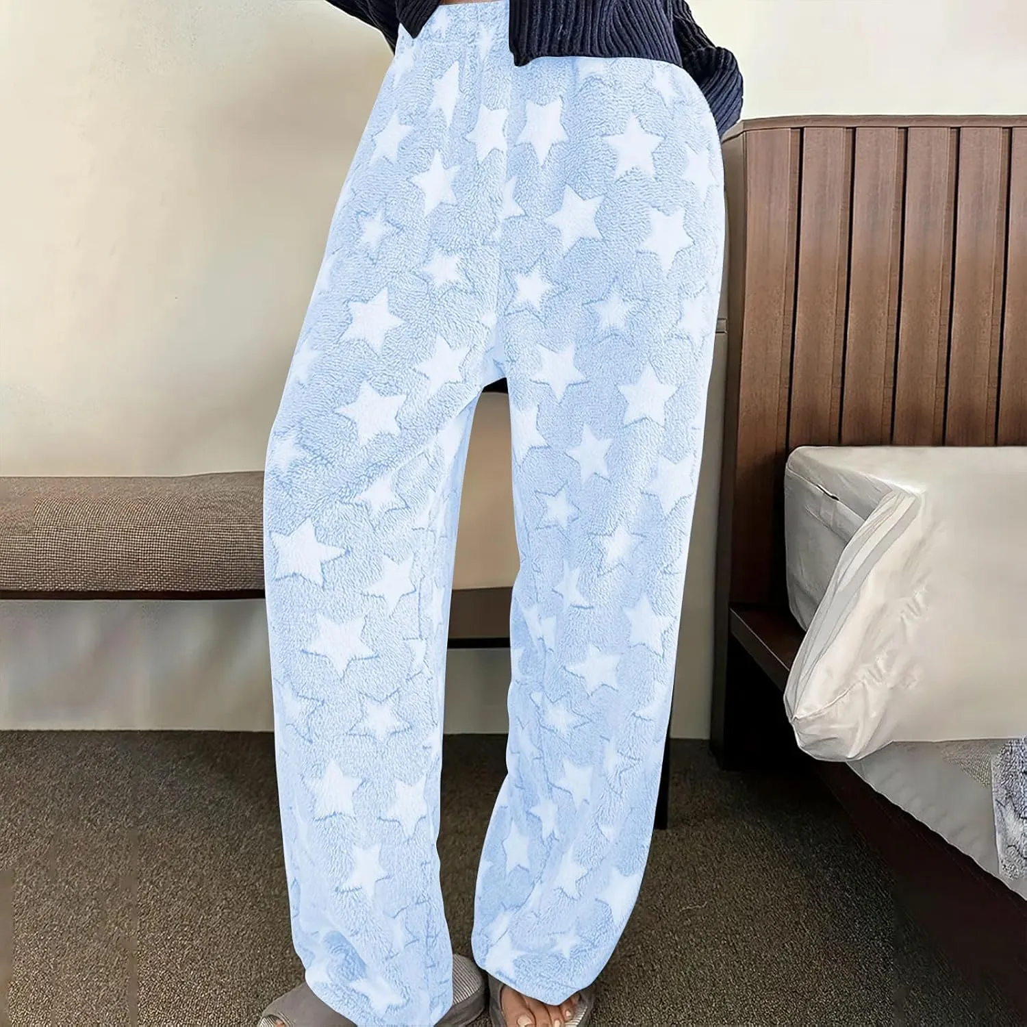 Fleece Pajama Pants for Women Teen Girls Cute Stars Graphic Trousers Winter Fuzzy Elastic Waisted Lounge Pjs Bottoms
