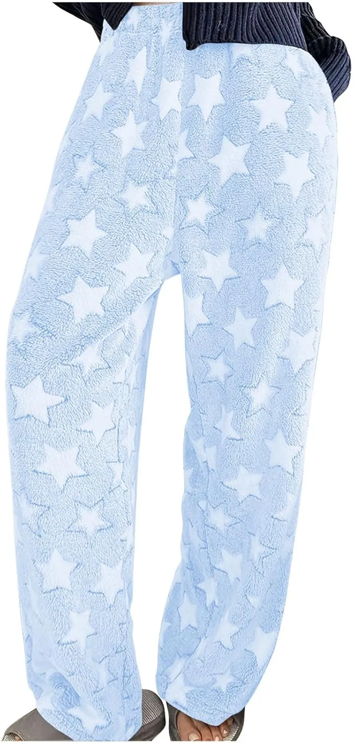 Fleece Pajama Pants for Women Teen Girls Cute Stars Graphic Trousers Winter Fuzzy Elastic Waisted Lounge Pjs Bottoms