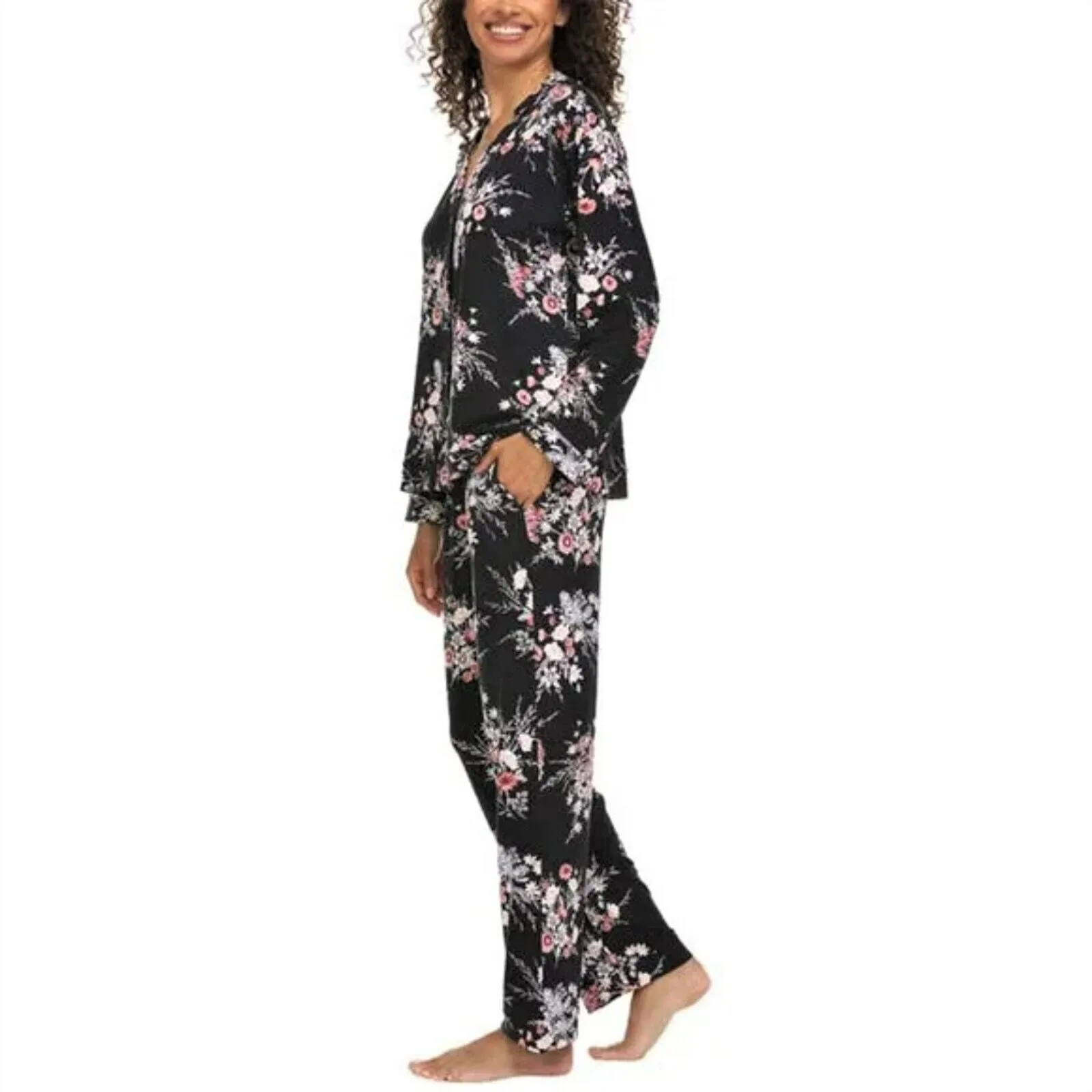 Flora Nikrooz Women's Plus Ultra Soft Floral Print PJ Cozy Notch Collar 2-piece Sleepwear Lounge Pajama Set