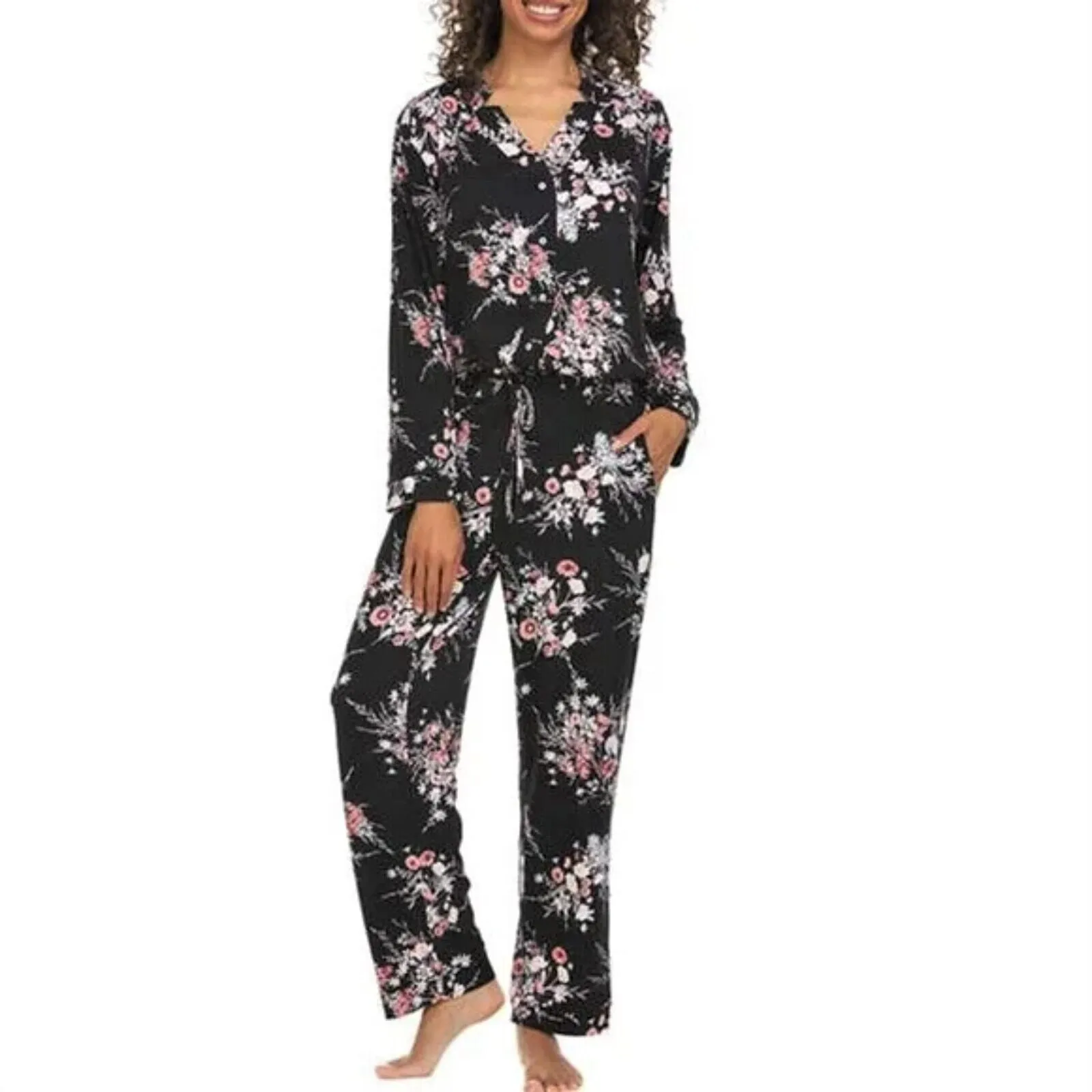 Flora Nikrooz Women's Plus Ultra Soft Floral Print PJ Cozy Notch Collar 2-piece Sleepwear Lounge Pajama Set