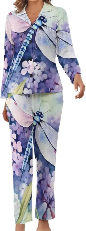 Floral Dragonfly Womens Pajamas Satin PJ Set Button Down Loungewear Set 2 Piece Lounge Sets