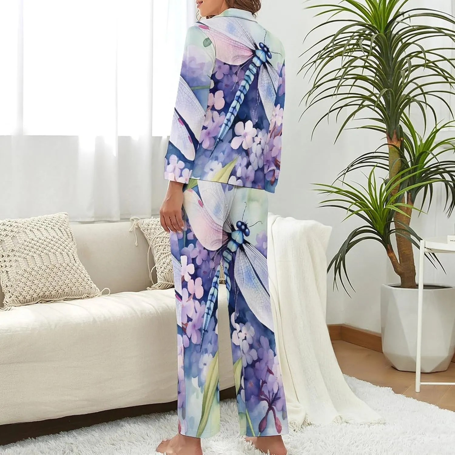 Floral Dragonfly Womens Pajamas Satin PJ Set Button Down Loungewear Set 2 Piece Lounge Sets