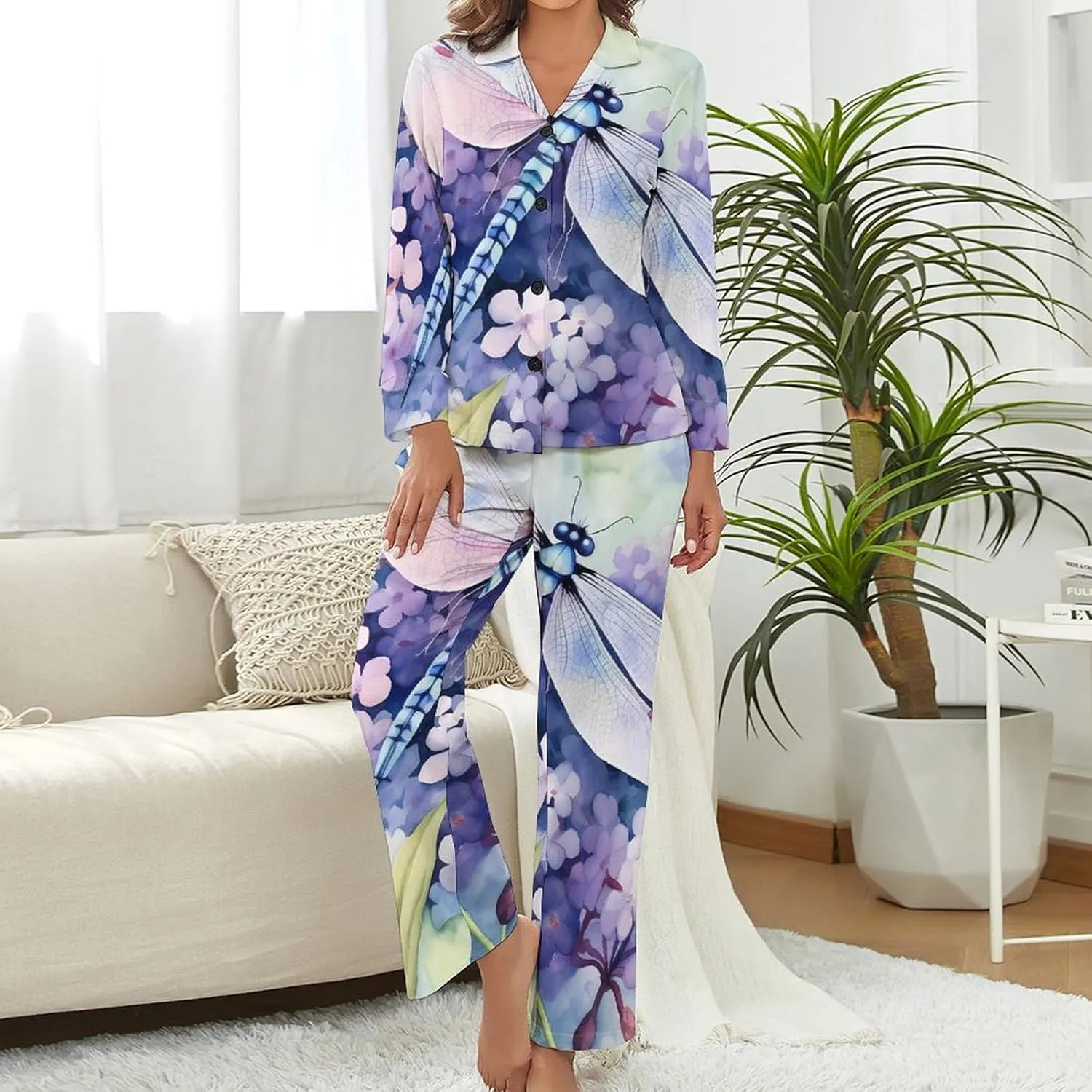 Floral Dragonfly Womens Pajamas Satin PJ Set Button Down Loungewear Set 2 Piece Lounge Sets