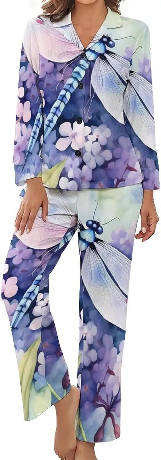Floral Dragonfly Womens Pajamas Satin PJ Set Button Down Loungewear Set 2 Piece Lounge Sets