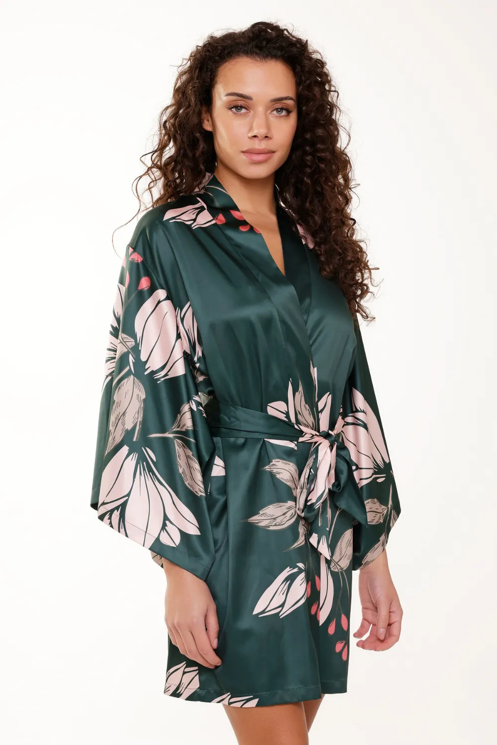 Floral Print Short Satin Kimono, Size XL (UK 16)
