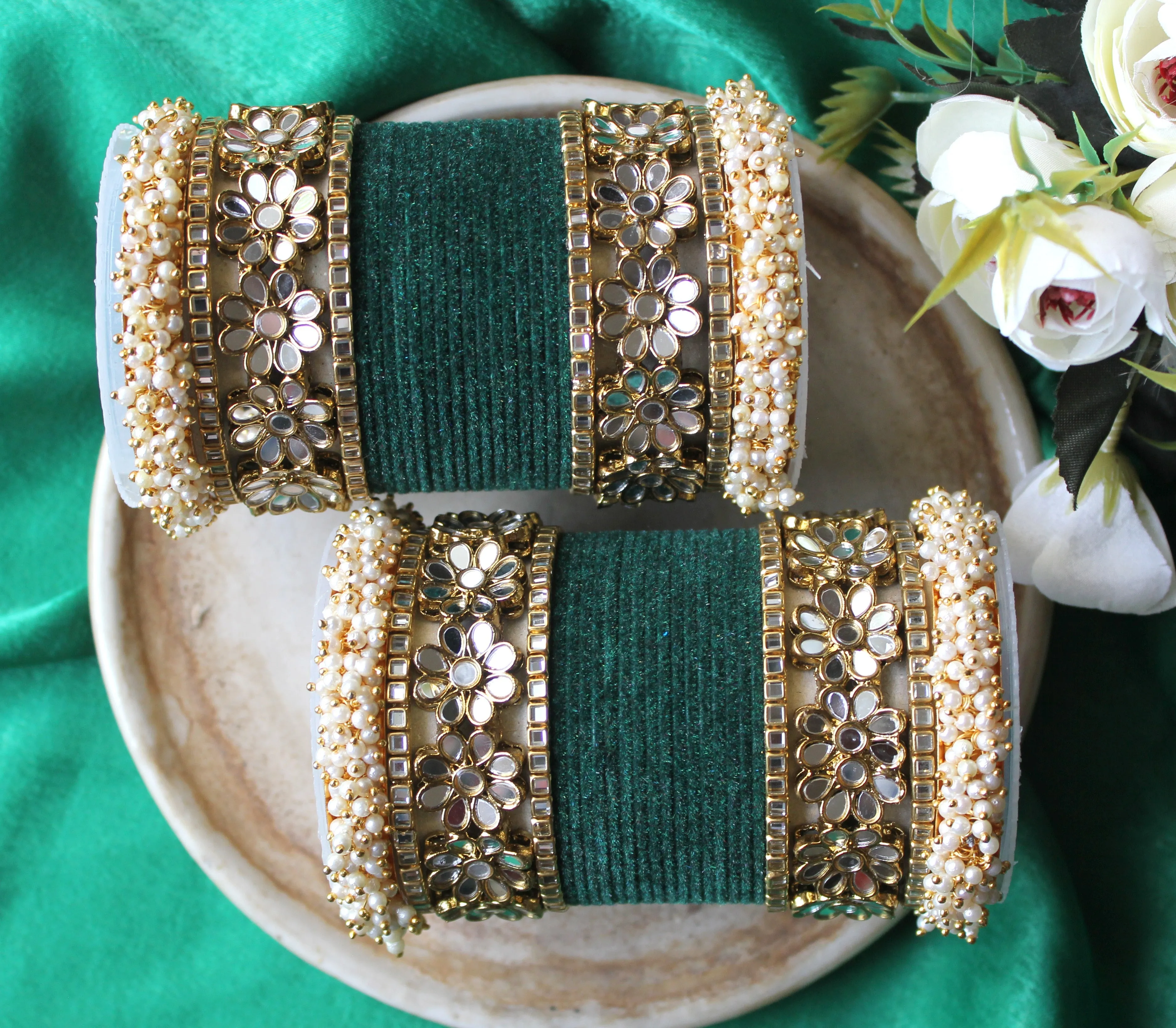 Flower Mirror Bangle Set with Velvet Bangles by Leshya Plus size