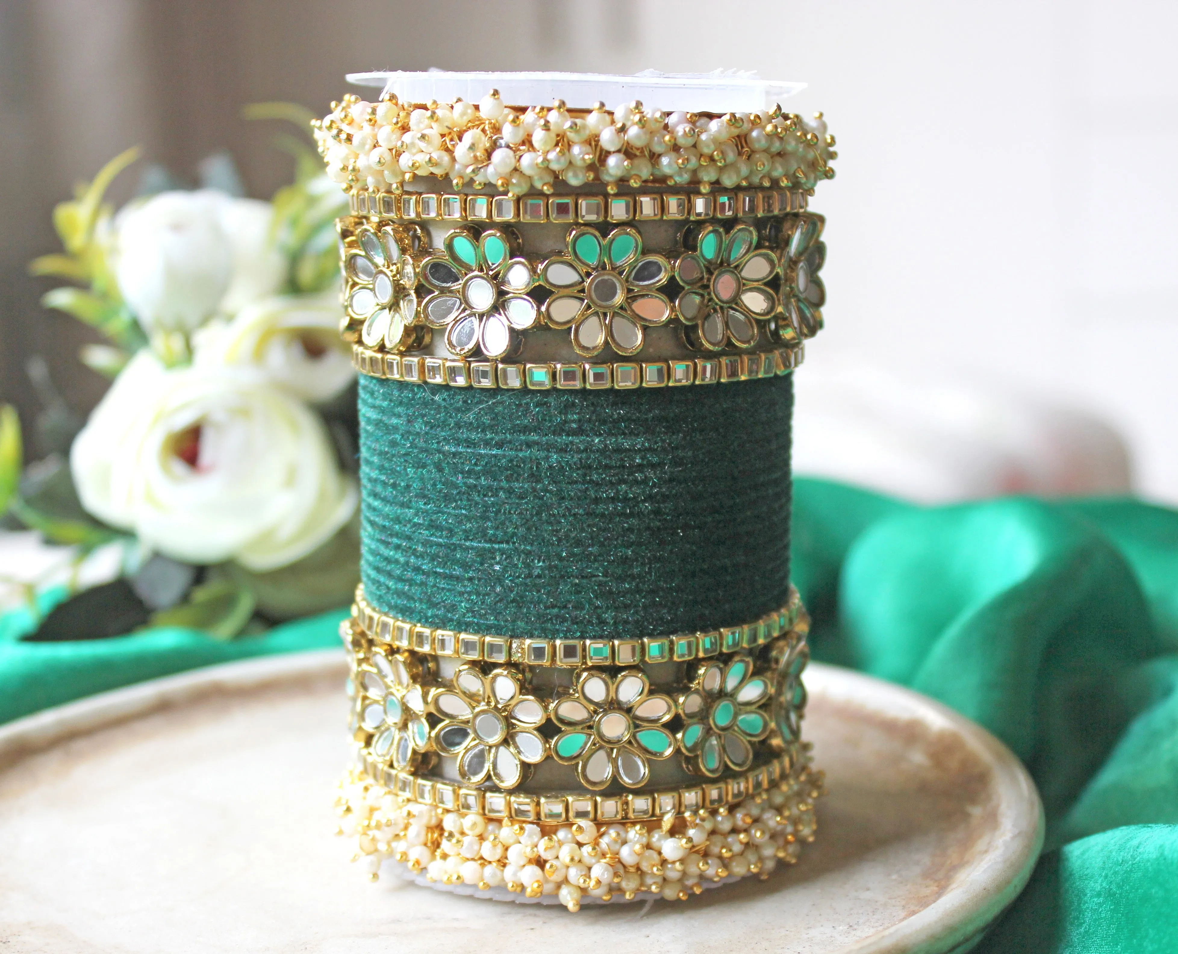 Flower Mirror Bangle Set with Velvet Bangles by Leshya Plus size