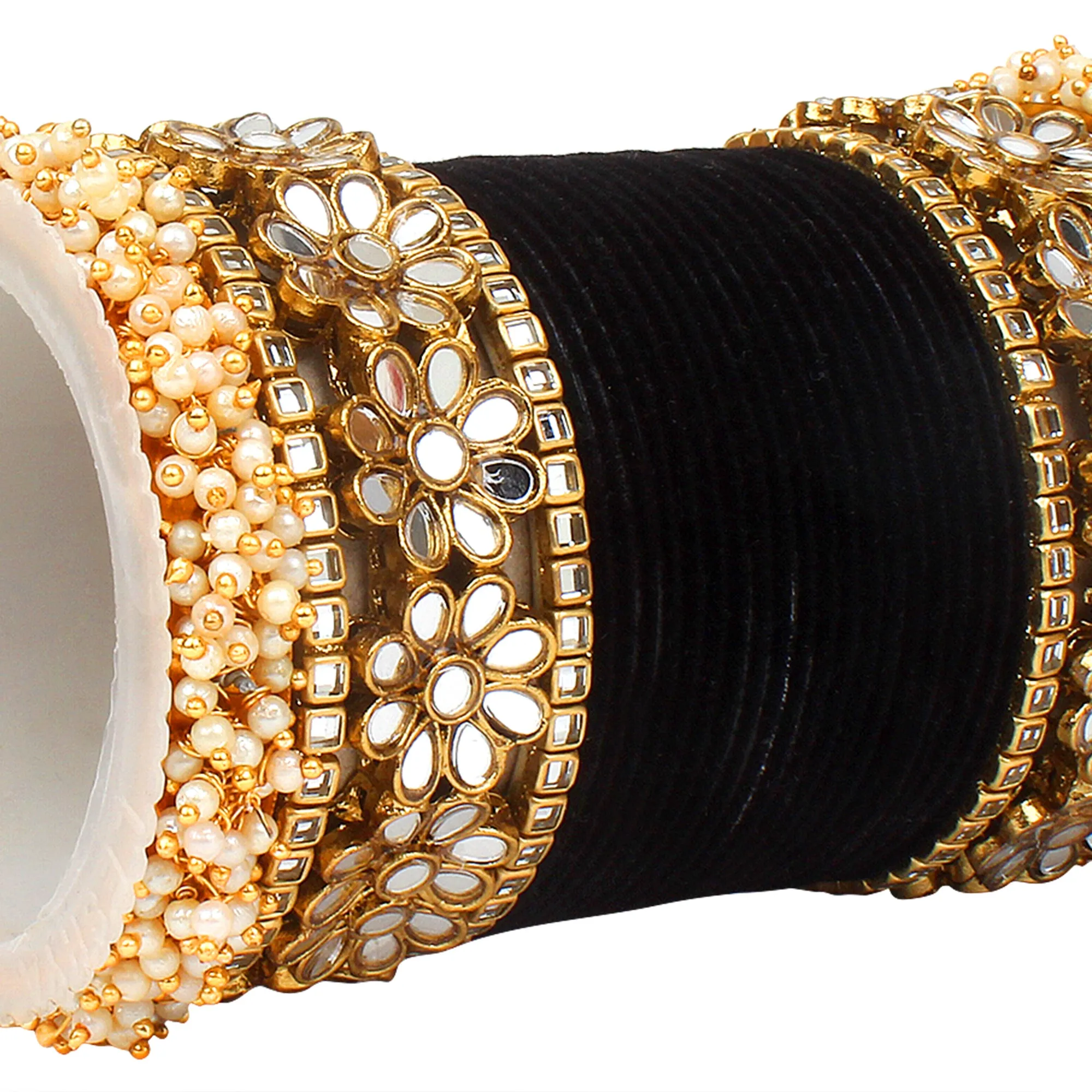 Flower Mirror Bangle Set with Velvet Bangles by Leshya Plus size