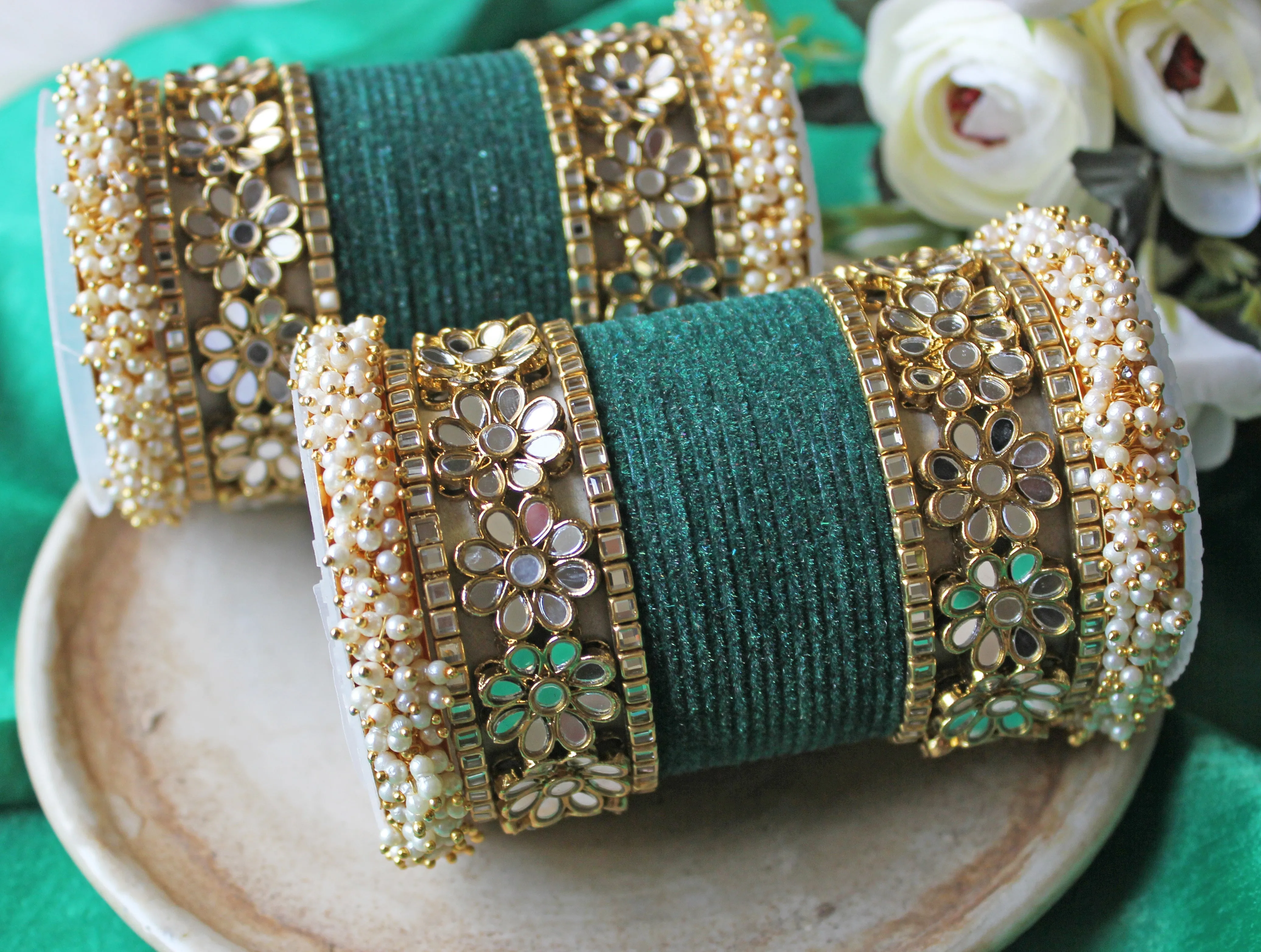 Flower Mirror Bangle Set with Velvet Bangles by Leshya Plus size