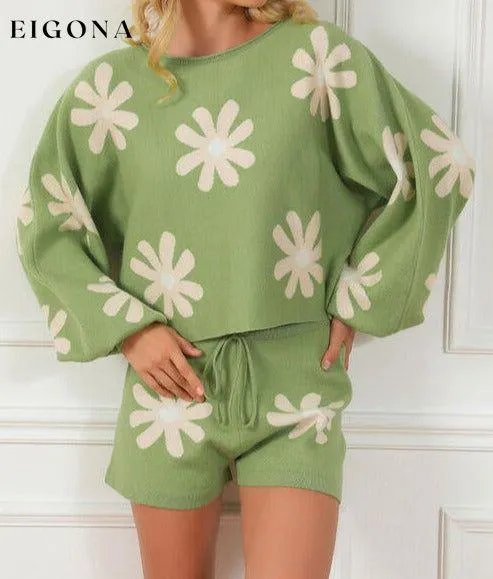 Flower Pattern Long Sleeve Sweater and Drawstring Shorts Set