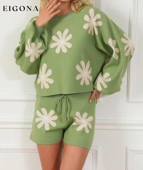 Flower Pattern Long Sleeve Sweater and Drawstring Shorts Set