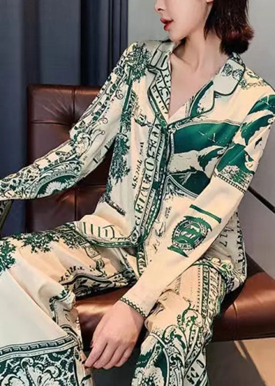 French Green Peter Pan Collar Print Ice Silk Two Pieces Set Pajamas Spring LY2813