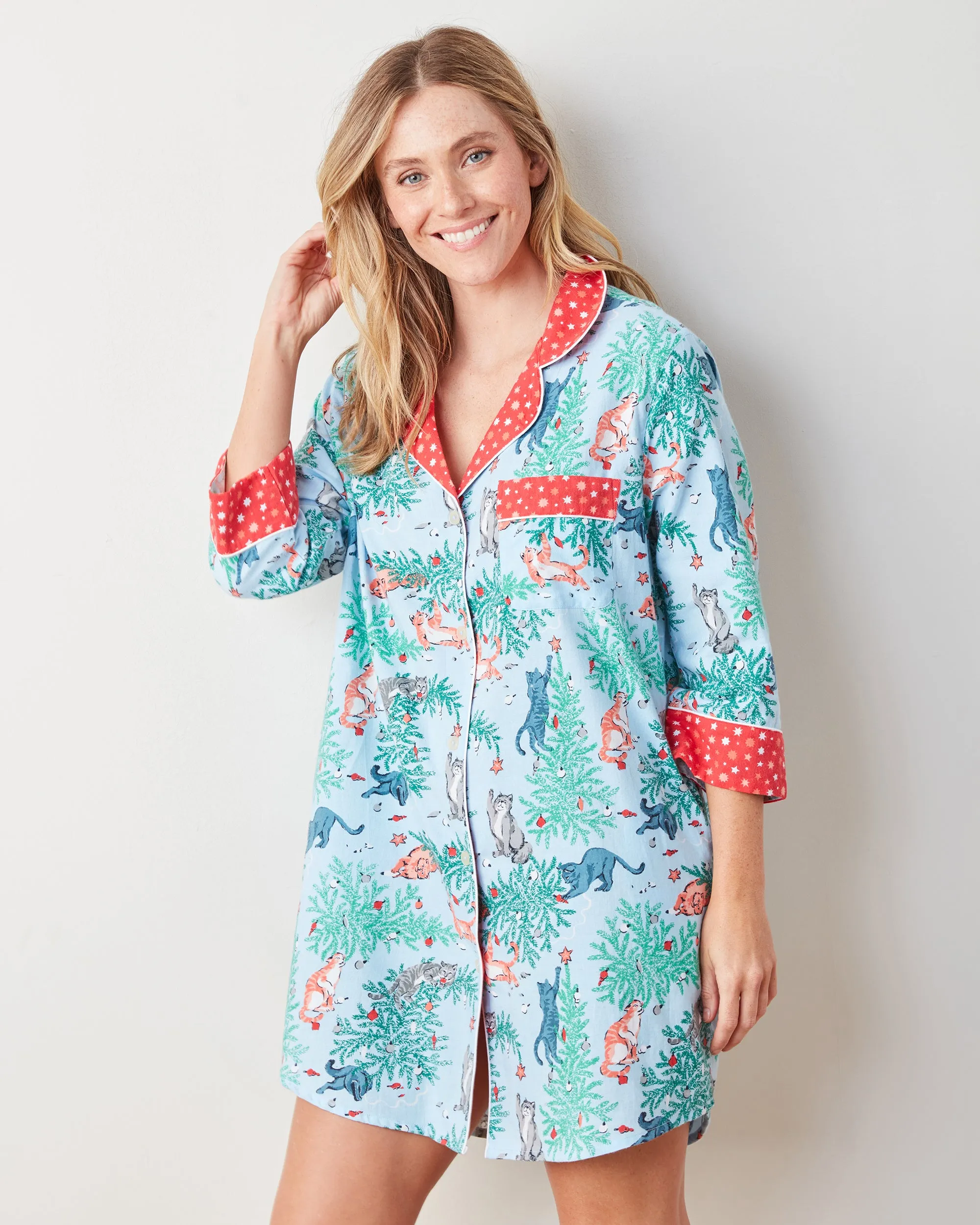 Frisky Firs - Lightweight Flannel Sleep Shirt - Twinkling Blue