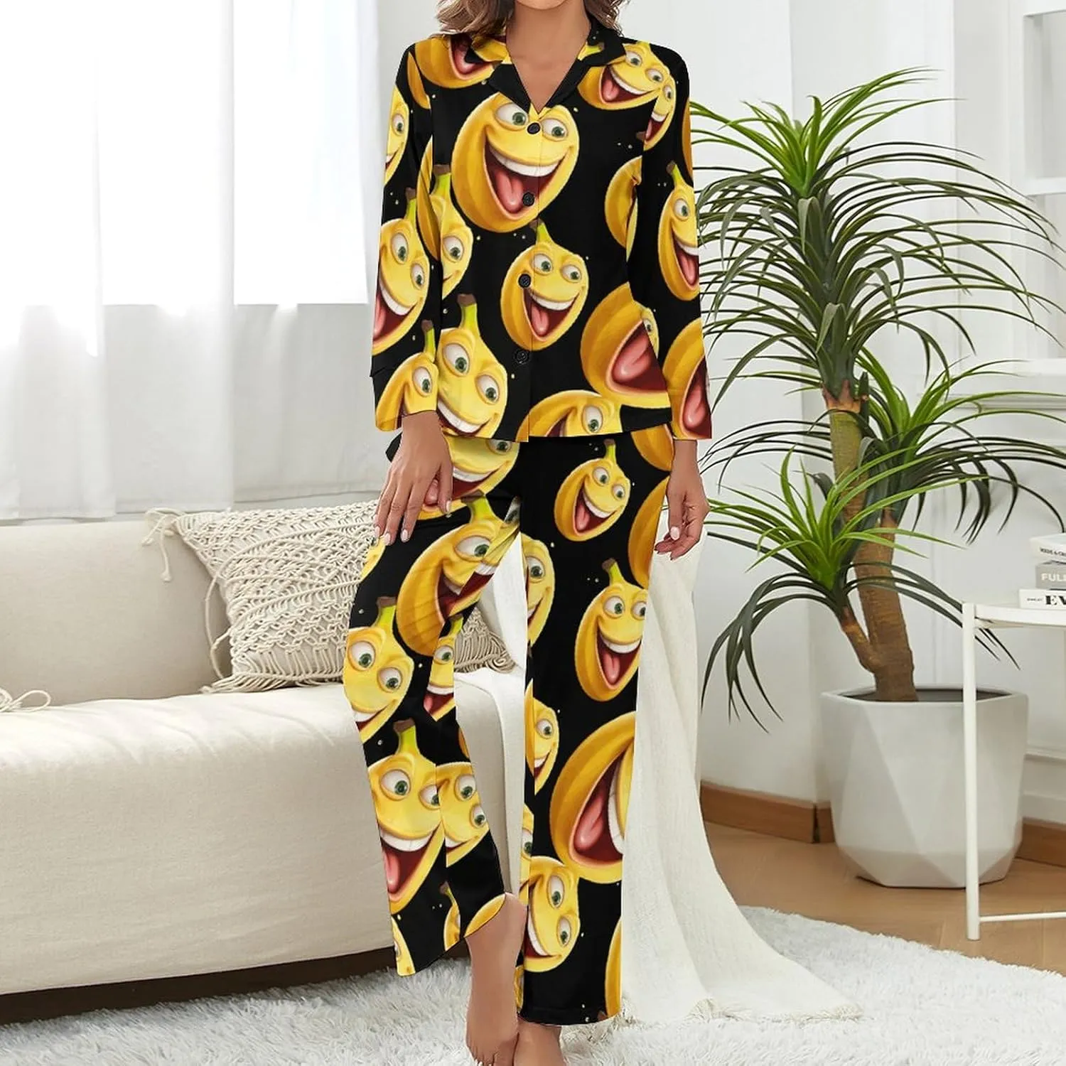 Funny Banana Womens Pajamas Satin PJ Set Button Down Loungewear Set 2 Piece Lounge Sets