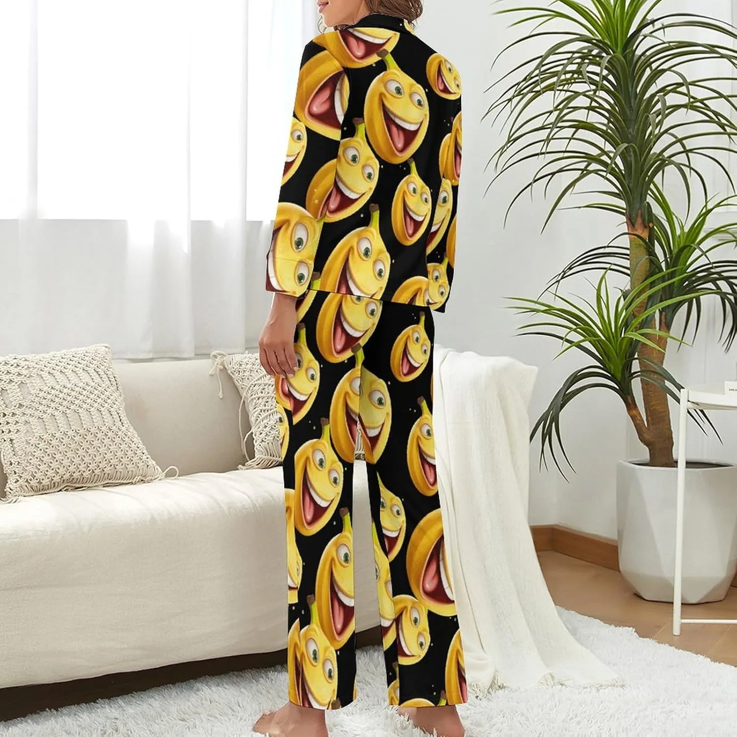 Funny Banana Womens Pajamas Satin PJ Set Button Down Loungewear Set 2 Piece Lounge Sets