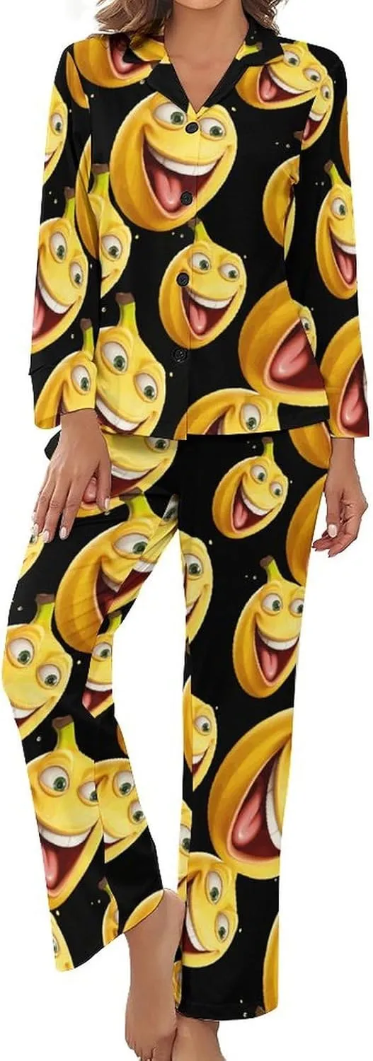 Funny Banana Womens Pajamas Satin PJ Set Button Down Loungewear Set 2 Piece Lounge Sets