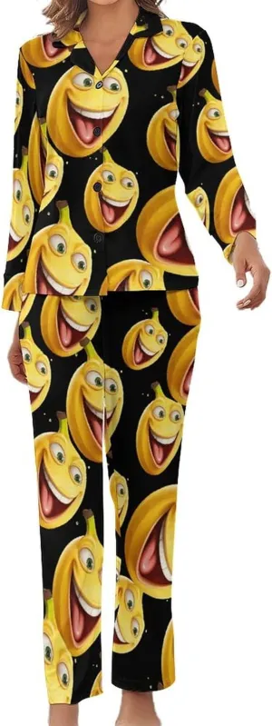 Funny Banana Womens Pajamas Satin PJ Set Button Down Loungewear Set 2 Piece Lounge Sets
