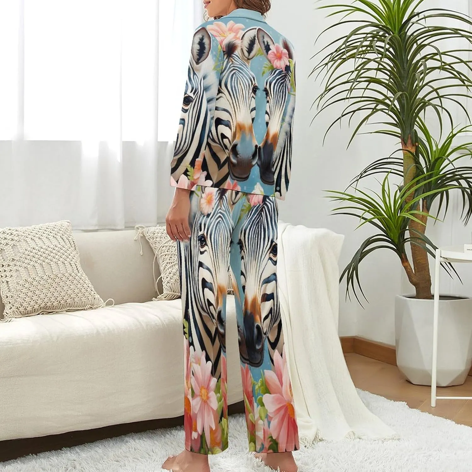 Funny Zebra Womens Pajamas Satin PJ Set Button Down Loungewear Set 2 Piece Lounge Sets
