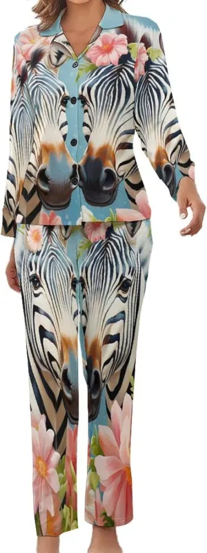 Funny Zebra Womens Pajamas Satin PJ Set Button Down Loungewear Set 2 Piece Lounge Sets