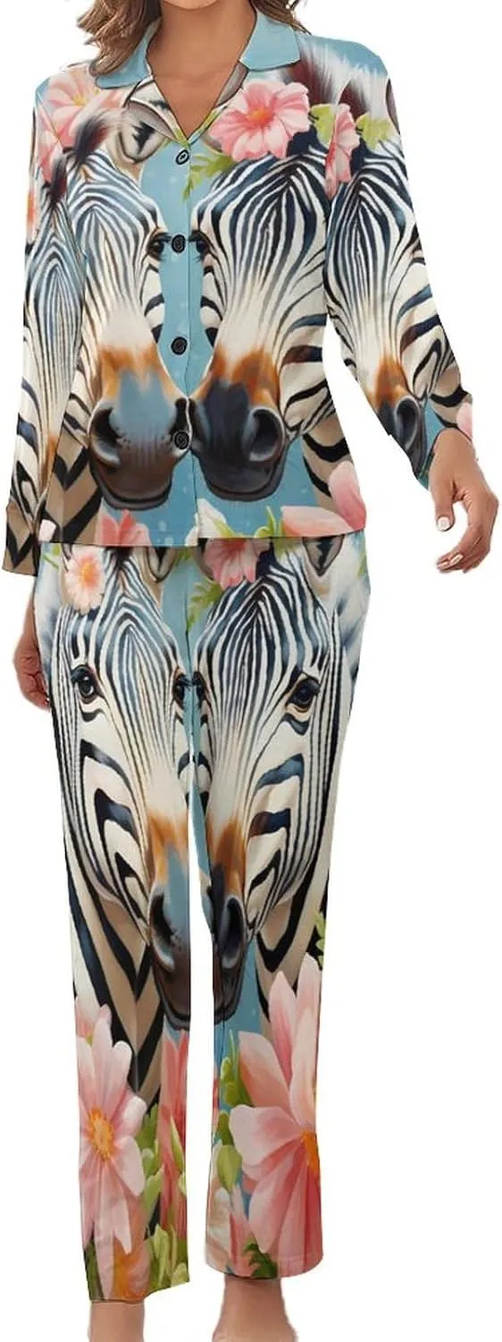 Funny Zebra Womens Pajamas Satin PJ Set Button Down Loungewear Set 2 Piece Lounge Sets